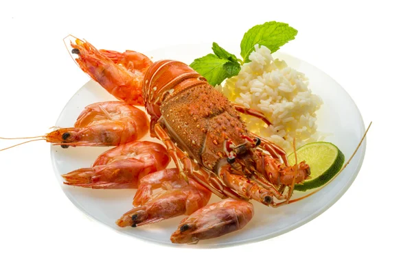 Ostnatý humr, krevety a rýže — Stock fotografie