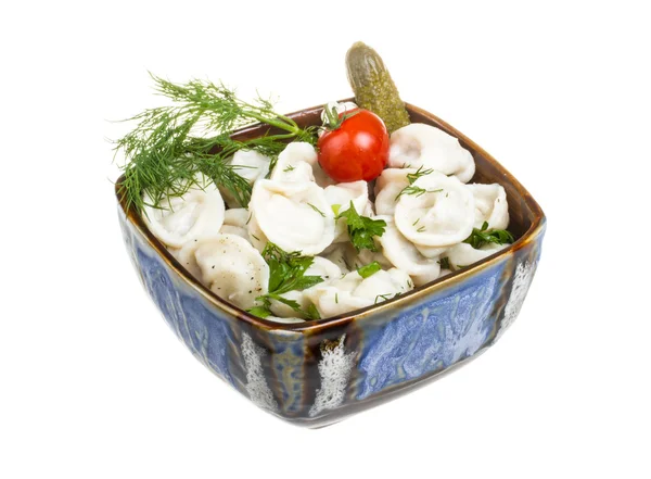 Cuenco con plato tradicional ruso - pelmeni —  Fotos de Stock