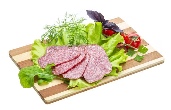 Sausages with salad and basil — Stock Photo, Image