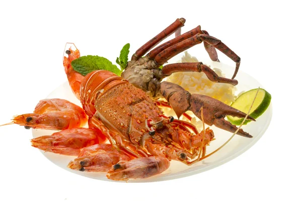 Spiny lobster, shrimps, crab legs and rice — Stock Photo, Image