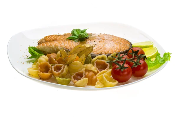 Grilled salmon with pasta — Stock Photo, Image