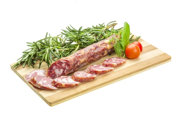 Salami med rosmarin, basilika och tomat — Stockfoto