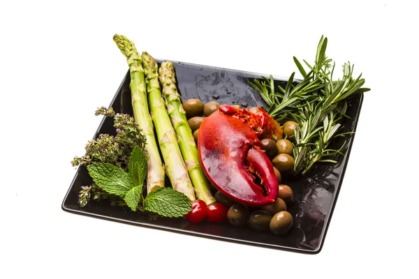 Gamba di aragosta con insalata e asparagi — Foto Stock