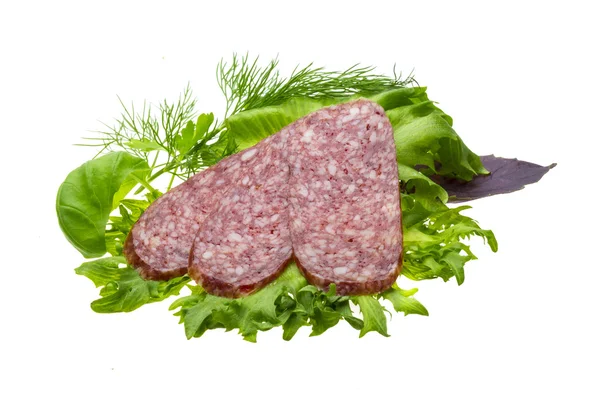 Sausages with salad and basil — Stock Photo, Image