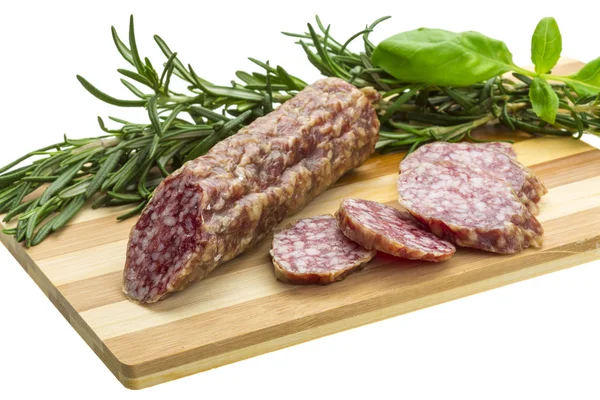 Salami met rozemarijn, basilicum — Stockfoto