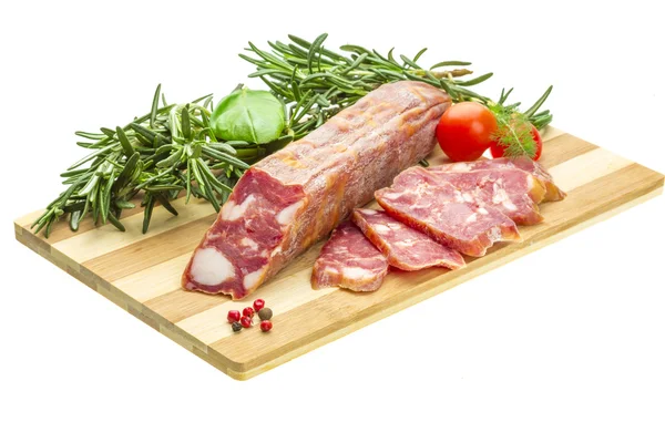 Salami with rosemary, basil and tomato — Stock Photo, Image