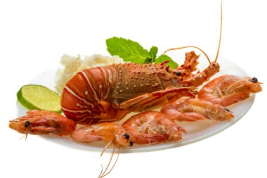 spiny ıstakoz, karides ve pirinç