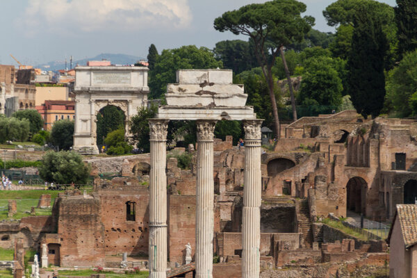 Building ruins and ancient columns in Rome, Italy