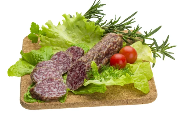 Salami med rosmarin, sallad och tomater — Stockfoto