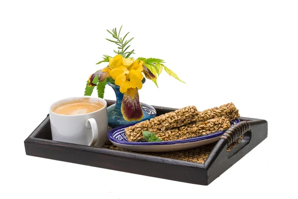 Breakfast wirh coffee and sunflower seeds dessert — Stock Photo, Image