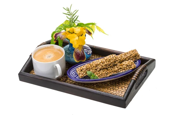 Breakfast wirh coffee and sunflower seeds dessert — Stock Photo, Image