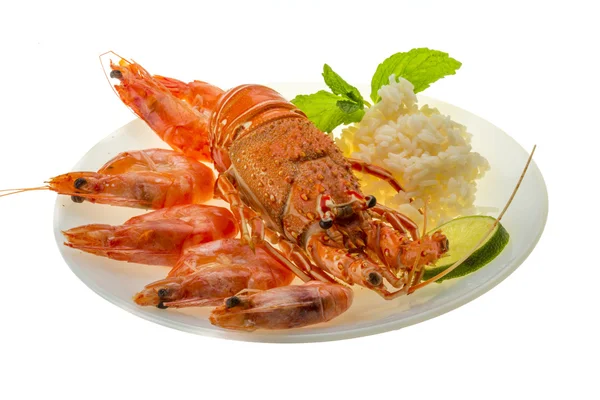 Lobster berduri, udang dan beras — Stok Foto