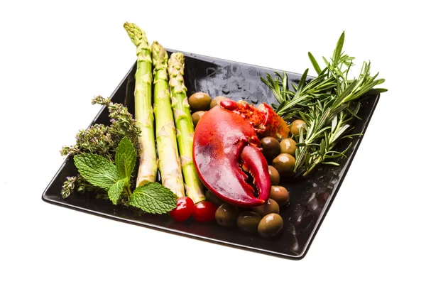 Jambe de homard avec salade et asperges — Photo