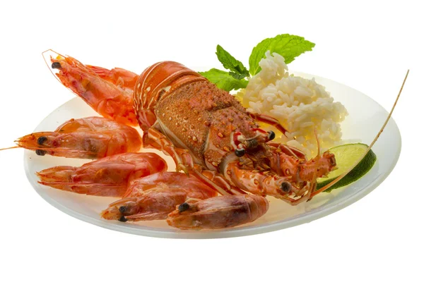 Spiny lobster, shrimps and rice — Stock Photo, Image