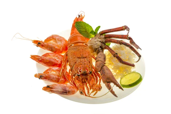 Spiny lobster, udang, kepiting kaki dan beras — Stok Foto