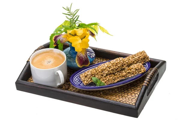 Breakfast wirh coffee and sunflower seeds dessert — Stock Photo, Image