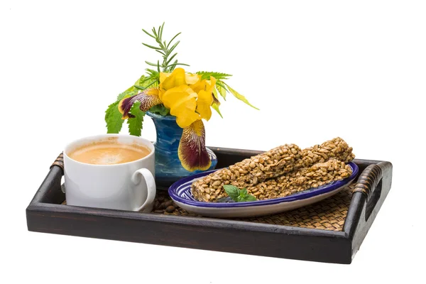 Reggeli kávé wirh és napraforgó mag desszert — Stock Fotó