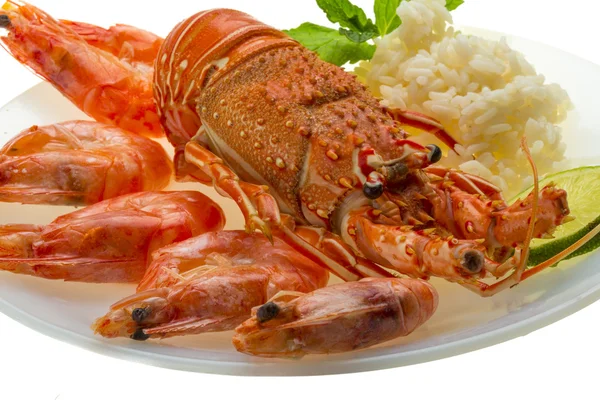 Spiny lobster, shrimps and rice — Stock Photo, Image