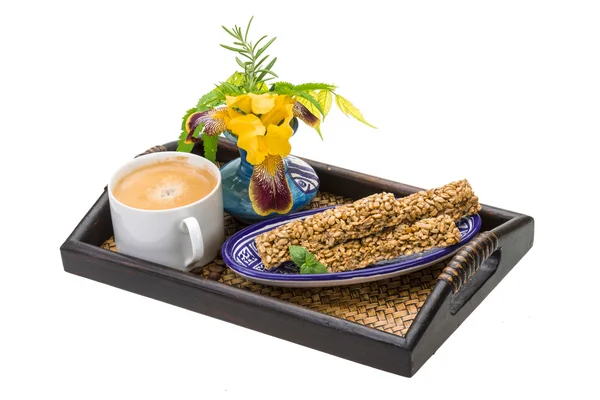 Breakfast with coffee and sunflower seeds dessert — Stock Photo, Image