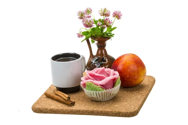 Breakfast with coffee, marzipan and peach — Stock Photo, Image