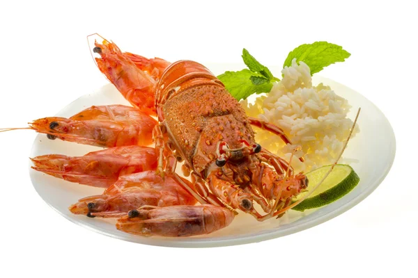 龙虾、 虾、 大米 — 图库照片