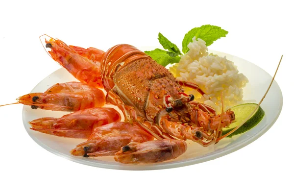 Spiny lobster, shrimps and rice — Stock Photo, Image