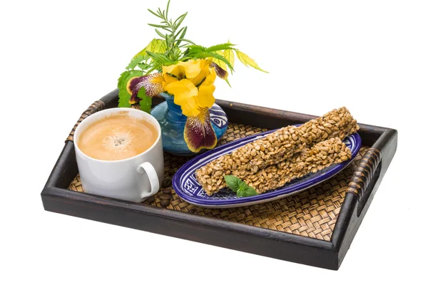 Breakfast wirh coffee and sunflower seeds dessert — Stock Photo, Image