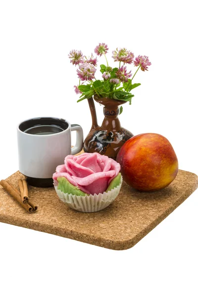 Breakfast wirh coffee, marzipan and peach — Stock Photo, Image