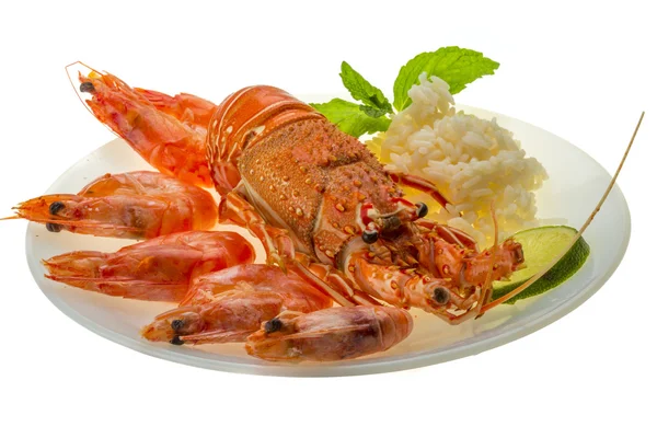 Spiny lobster, shrimps and rice — Stock Photo, Image