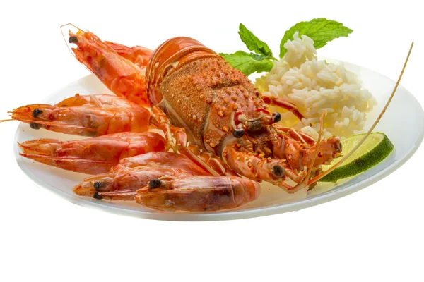 Homard épineux, crevettes et riz — Photo