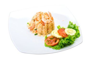 Kızarmış pirinç ve karides.