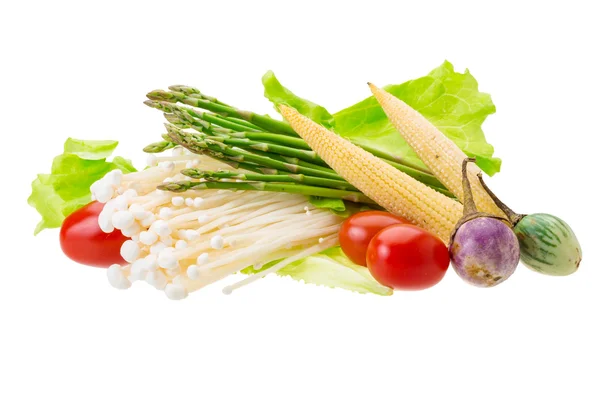Japán gomba, spárga, tojás-üzem, bébi-kukorica és saláta — Stock Fotó