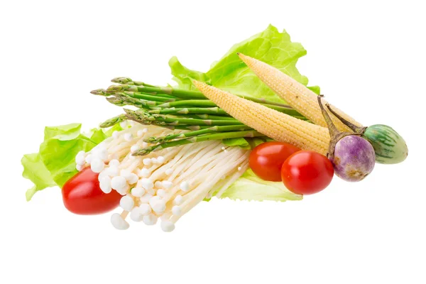 Japan mushroom, asparagus, egg-plant, baby-corn and salad — Stock Photo, Image