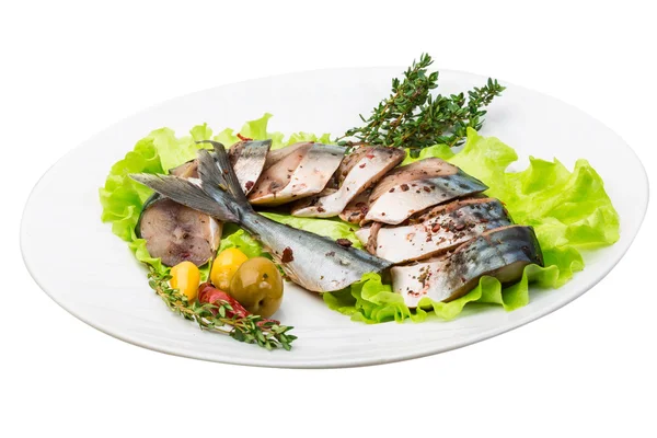 Mackerels with salad and thyme — Stock Photo, Image