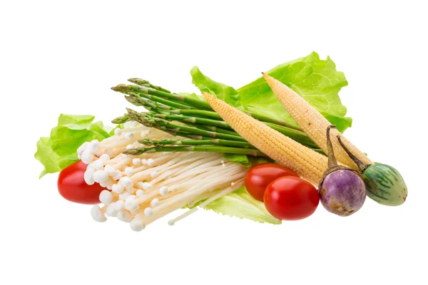 Japan mushroom, asparagus, egg-plant, baby-corn and salad — Stock Photo, Image