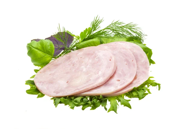 Sausages with salad and basil — Stock Photo, Image