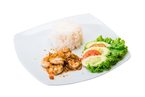 Shrimps with garlic and rice — Stock Photo, Image
