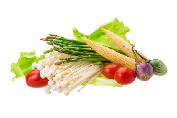 Japanische Pilze, Spargel, Auberginen, Baby-Mais und Salat — Stockfoto