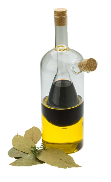 Vinegar, olive oil and laurel — Stock Photo, Image