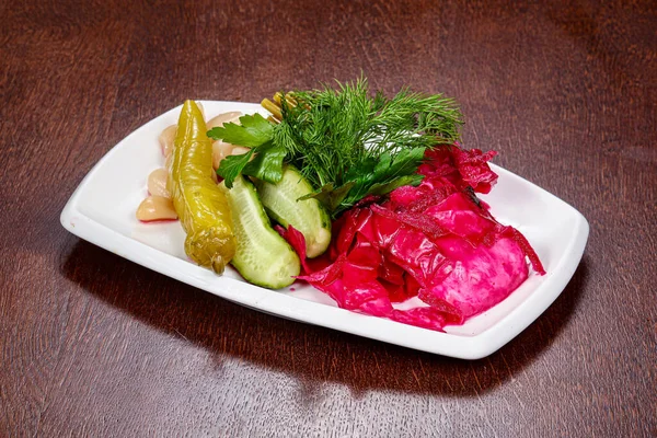 Pickled Vegetables Mix Cabbage Cucumber Pepper Served Dill — Stock Photo, Image