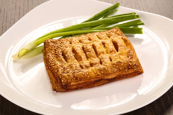 Tasty Puff Pastry Meat Served Green Onion — Stock Photo, Image