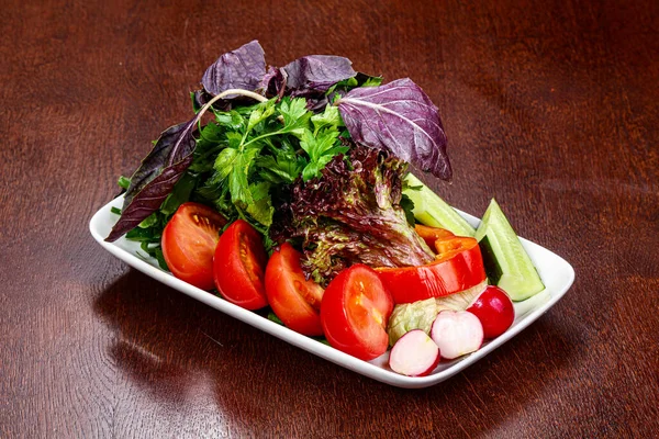 Salade Met Gesneden Groenten Tomaat Radijs Komkommer — Stockfoto