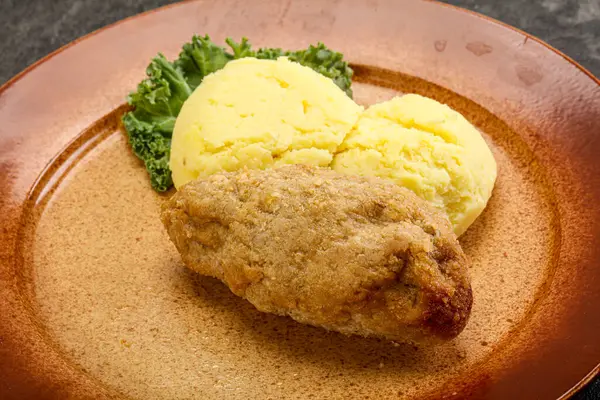 Escalope Poulet Croustillante Viande Hachée Avec Purée Pomme Terre — Photo