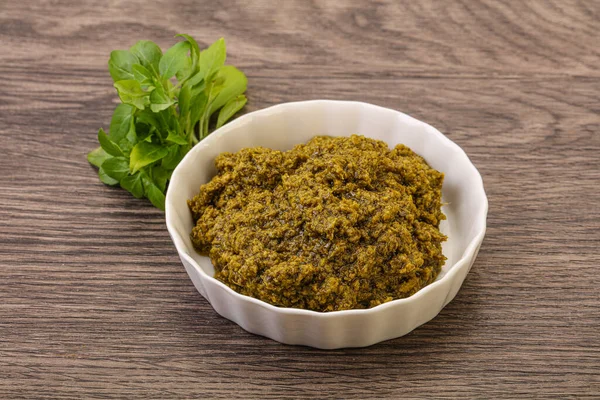 Pesto Salsa Verde Con Albahaca Nueces Cedro —  Fotos de Stock