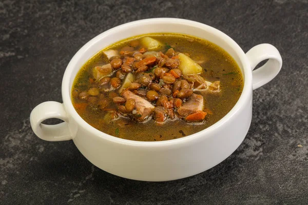 Sopa Tradicional Lentejas Con Pollo Verduras — Foto de Stock