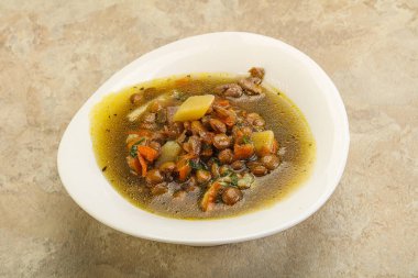 Geleneksel tavuk ve sebzeli mercimek çorbası.