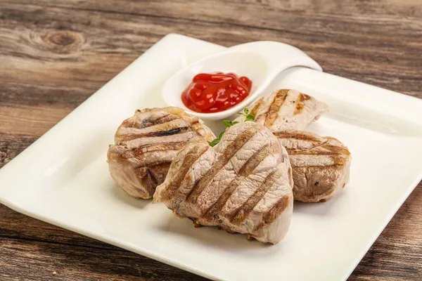 Grilled Pork Tenderlion Tomato Sauce Served Thyme — Stock Photo, Image