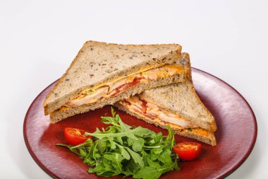 Tavuk göğsü, sos ve peynirli sandviç.