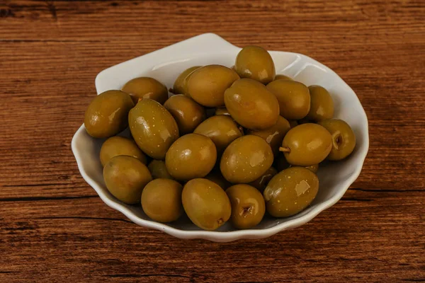 Tas Olives Marinées Vertes Dans Bol — Photo