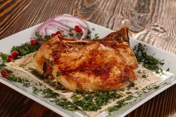 Grilled Pork Loin Barbeque Shashlik Served Onion — Stock Photo, Image